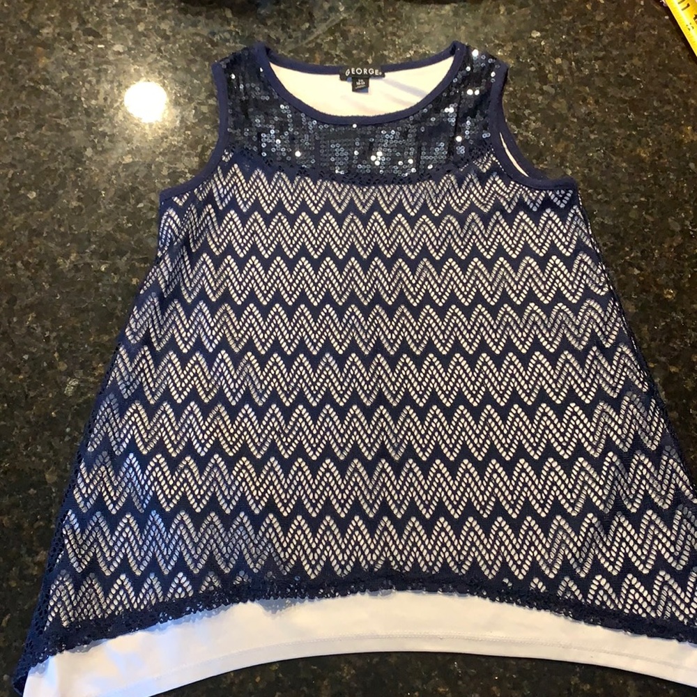 Pretty navy blue lace top with sequins, size Youth L